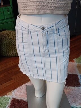 American Eagle White Mini Skirt with Blue Pinstripes